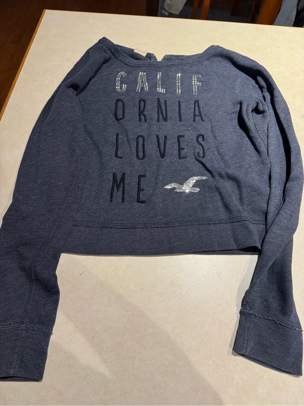 Hollister Navy Blue Cropped 'California Loves Me' Sweatshirt with Rhinestones